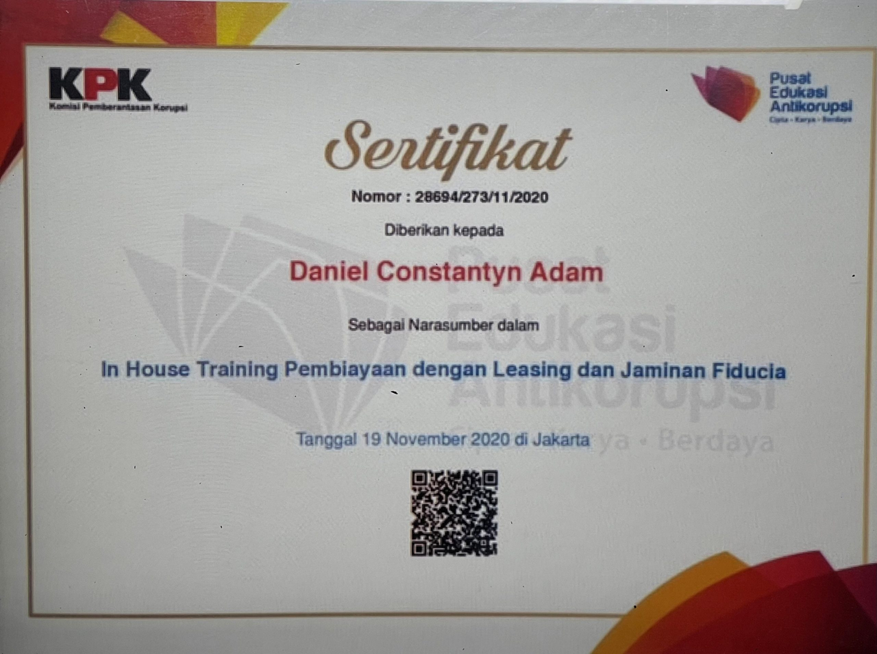 Speaker at Anti-Corruption Education Center and KPK Training